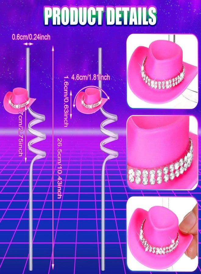 FillTouch 24 Set Bachelorette Cowboy Hat Straws, 70s Mini Disco Rhinestone Cowgirl Western Hat Bling Bend and Glitter Cocktail Straws for 1970s Holiday Wedding Party Decorations(Pink) - Image 3